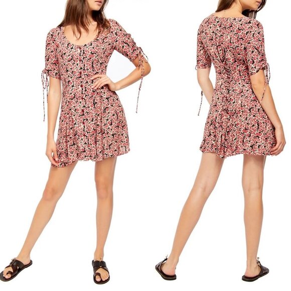 NWT Free People Lace Up Mini Dress Black Red Floral Size Small‎ Revolve Bohemian - Picture 2 of 13